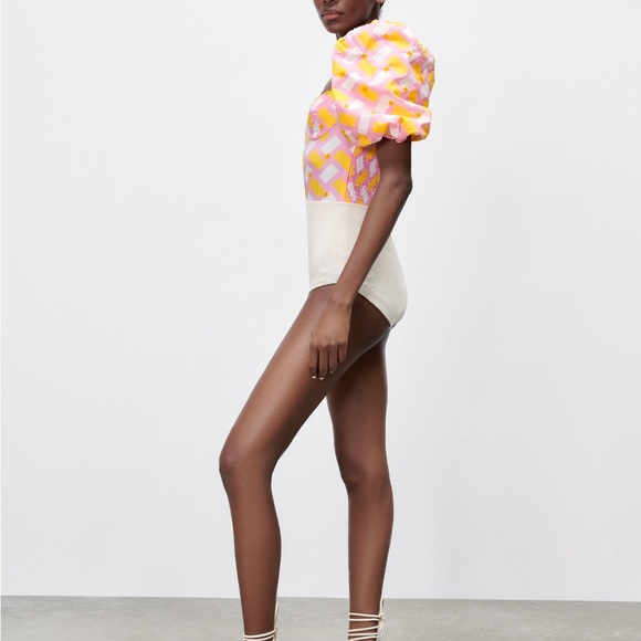 Zara printed poplin bodysuit with puffy sleeves NWT - Picture 7 of 9